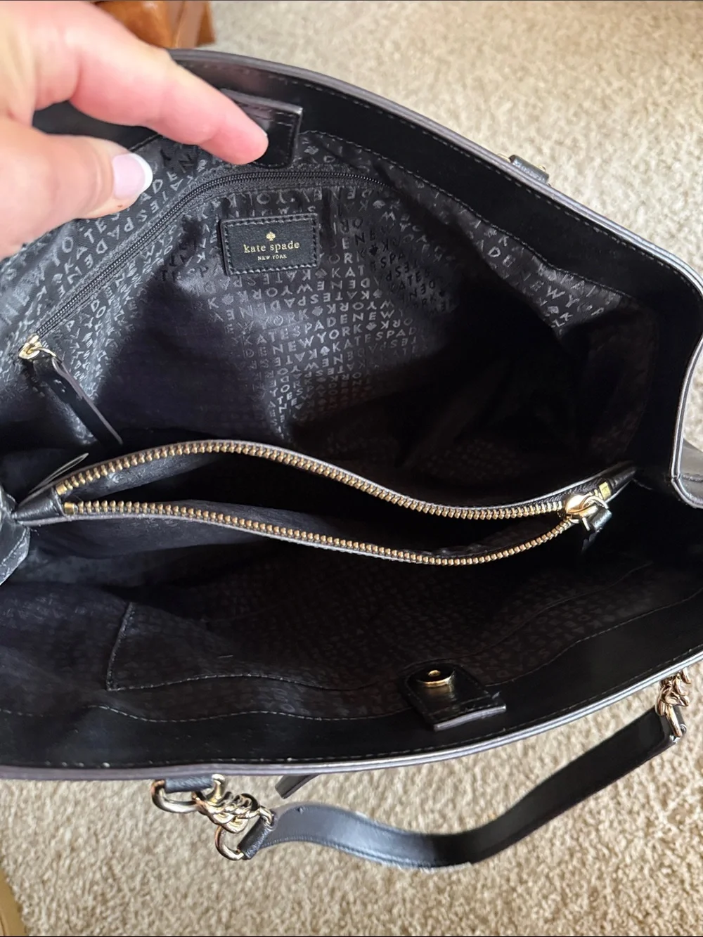 kate spade Black Leather Bow-Accent Tote with Gold Chain Straps